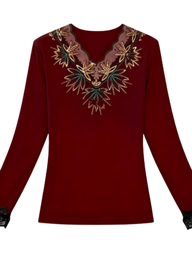 Elegant V-Neck Embroidered Lace Top with Rhinestones - Age-Reducing, Tummy Concealing, and Warm for Autumn & Winter.