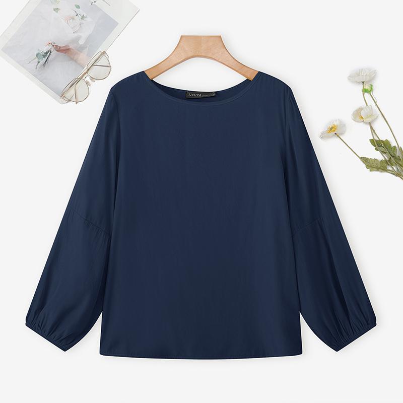 

ZANZEA Женская повседневная блузка с круглым вырезом, свободного кроя, с длинным рукавом, однотонная 4XL темно-синий