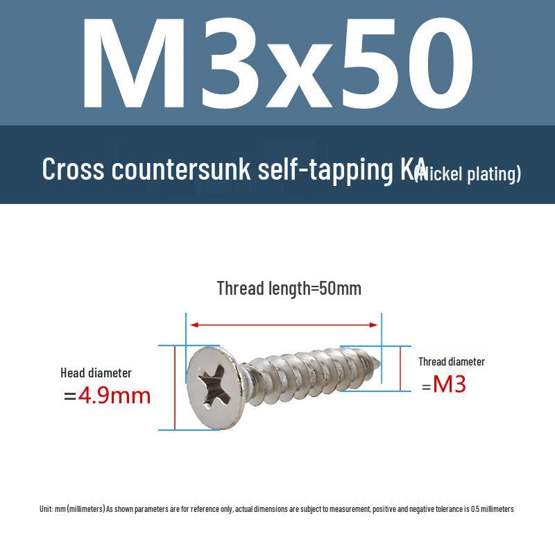 YiguYigu Nickel-Plated Phillips Flat Head Self-Tapping Screws M1-M5, Carbon Steel