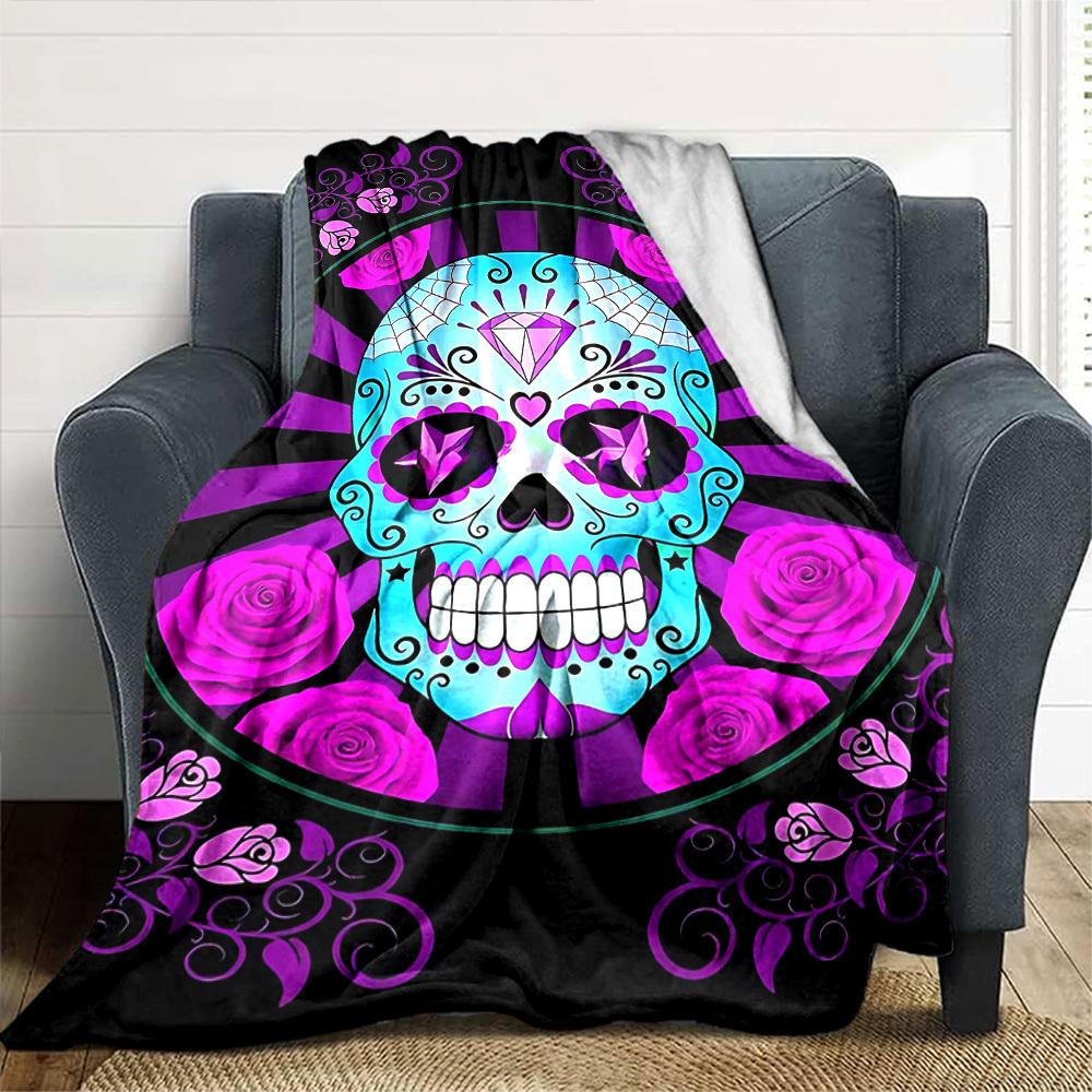 1pc Sugar Skull Roses Throw Blanket Soft Flannel, Cozy All Season Polyester Perfect for Home, Office