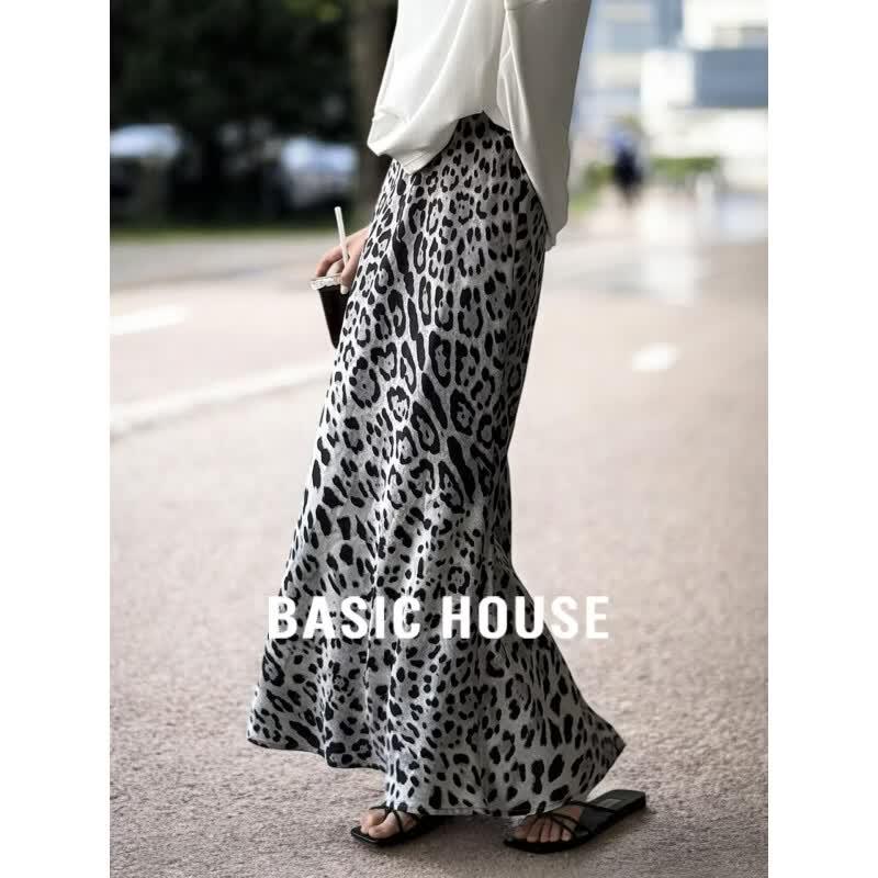 Basic House Women s Leopard Print High-Waist Long Skirt M