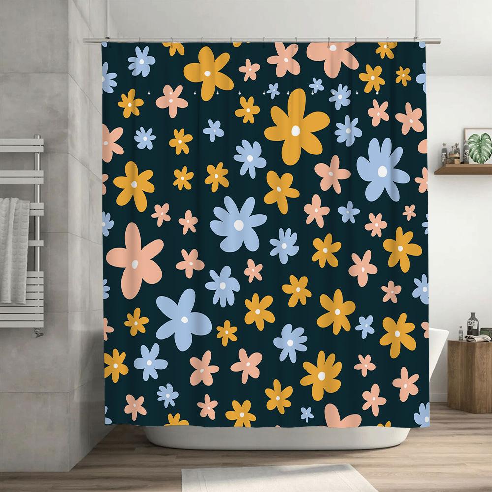 Beautiful Floral Shower Curtain Set Blue, Yellow Pink Flowers on Dark Green Background Perfect for Bathroom Decor