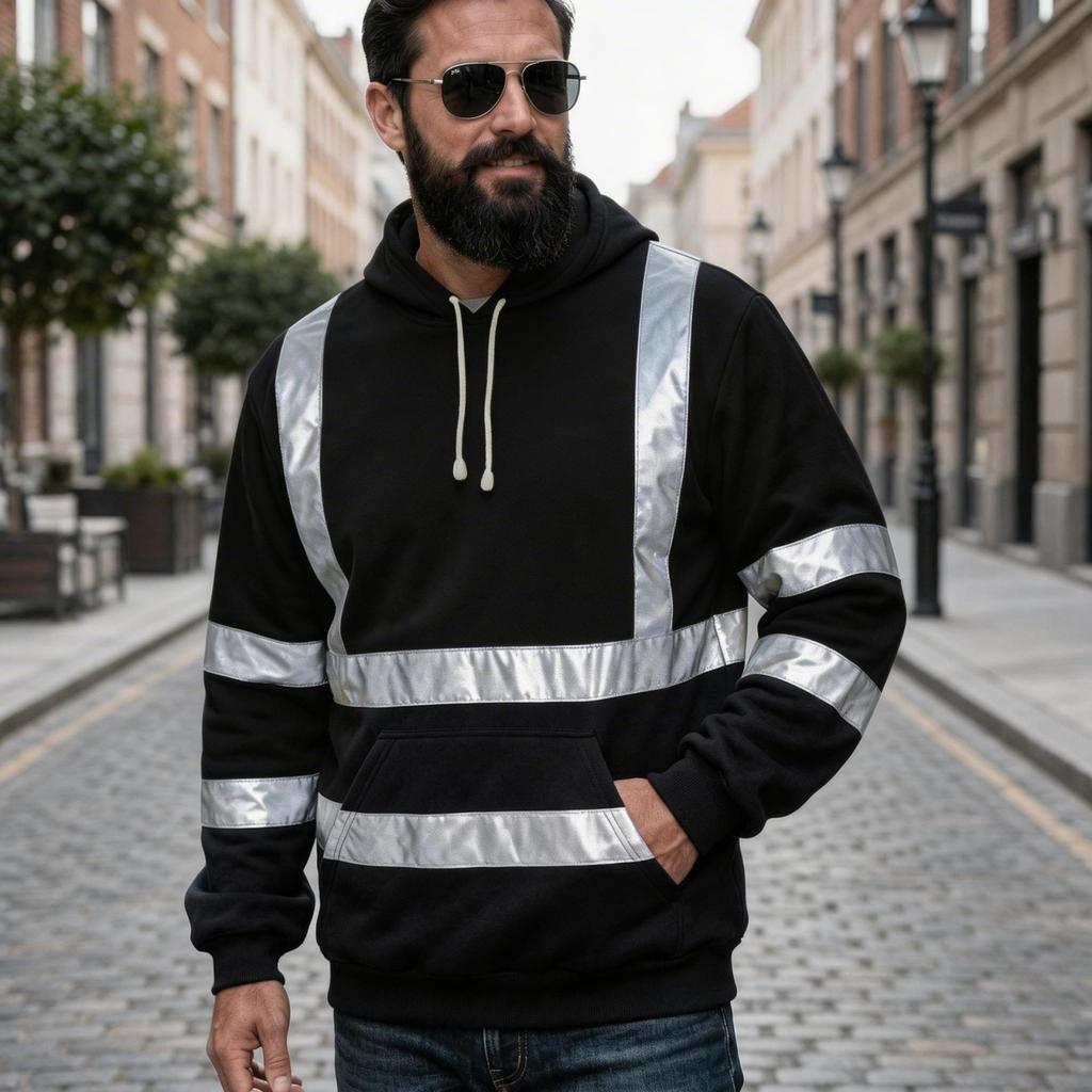 Men's Outdoor Casual Hoodie with Reflective Stripe and for Cold