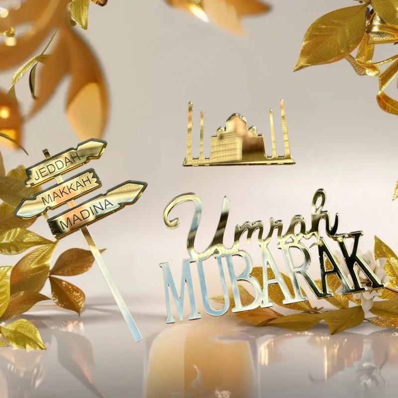 Birthday Cake Charms Personalized Umrah Mubarak Hajj Mubarak Letter Cake Topper Gold Color Acrylic Cake Decoration