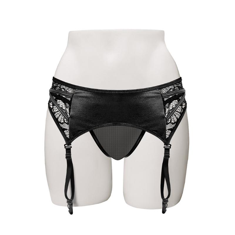 Bielizna Sissy Męskie Koronkowe Przezroczyste Skórzane Stringi z Pasem do Pończoch Bielizna Podwieszana Crossdressing Stringi Figi