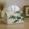 1pc Japanese Zen Tissue Box Holder Cover - Oriental Asian Landscape Design with Pine Green Suitable for for Kitchen, Living Room, Bathroom Decor, Dura