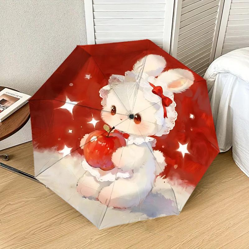 Adorable Bunny with Apple Print Umbrella - Auto Open/Closed, Outdoor Protection, Lightweight & Durable Travel Accessory 132