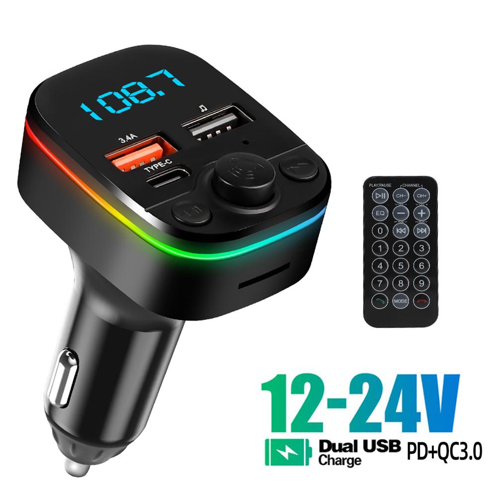 Car FM Transmitter Bluetooth 5.0 Handsfree With Type-C Dual USB 3.4A Fast Charger Ambient Light Cigarette Lighter FM Modulator
