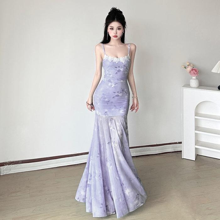 

Spring ballet vacation style super fairy lace splicing suspender skirt fashionable sexy mesh smudged floral fishtail skirt S лиловый