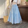 2026 Autumn Women's French Retro Elastic Waist Embroidered Hollow Out Long Skirt