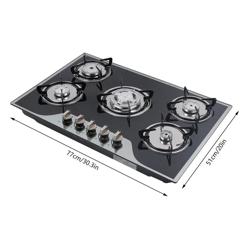 5-Burner Gas Stove, 30" x 20" Gas Cooktop W|Coated Glass, Electronic Pulse Ignition Countertop Stove for Home Restaurant Kitchen