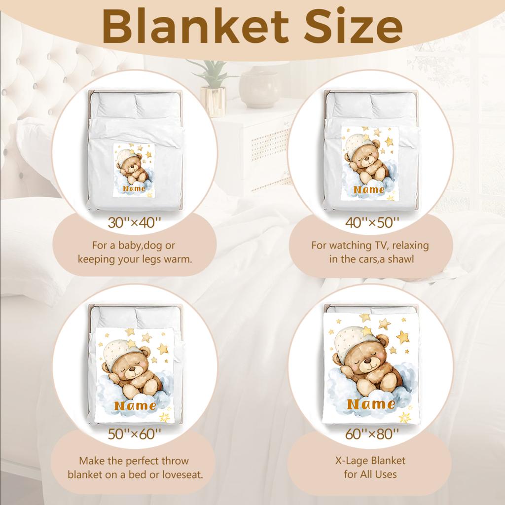 Sleeping Teddy Bear Blanket With Name Customized Flannel Blanket For Kids Boys Girls Soft Birthdays Gift Home Bed Sofa Decor
