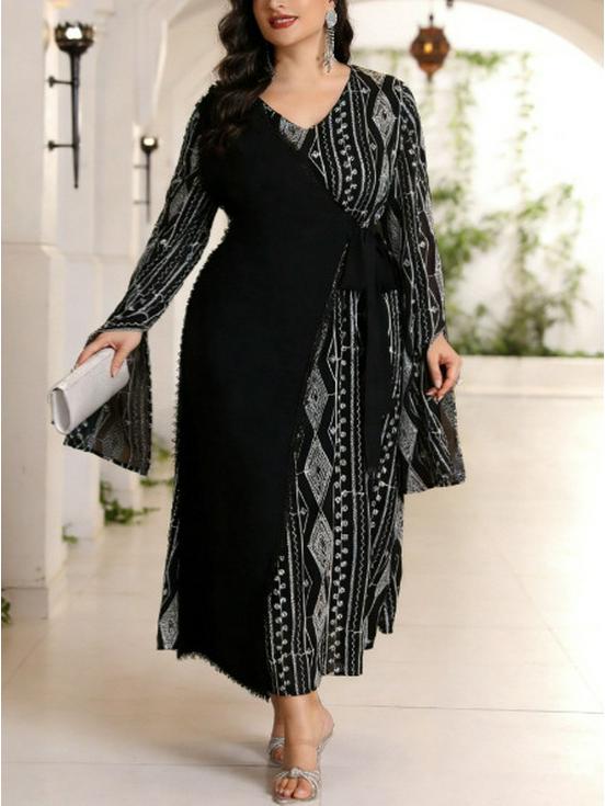 Plus Size Navy Floral V-Neck Cinched Waist Beach Dress - Middle Eastern Style XL чёрный