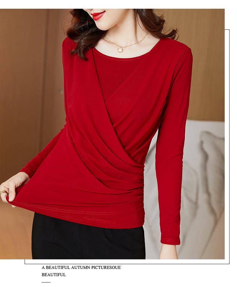 2024 Women's Winter Fleece-Lined Slimming Top, Round Neck, Pleated Tummy Concealment