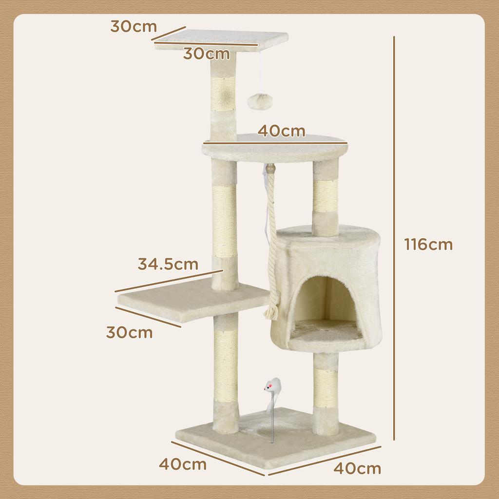 Cat Scratching Post with Box, Ball, Rope for Play and Relaxation, 40x40x116 cm, Beige