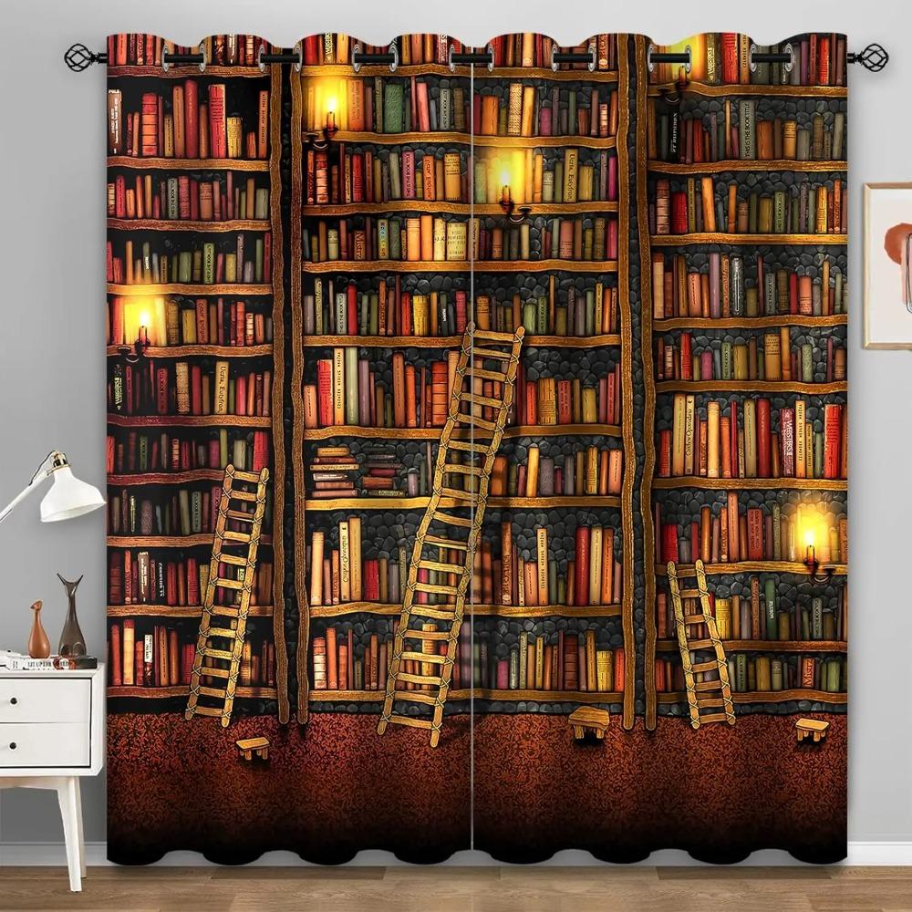 Retro Bookshelf Library Book Drapes designed for Bedroom Space Living Room Drapes Kitchen Children's Room Window Curtain Modern Home Decor