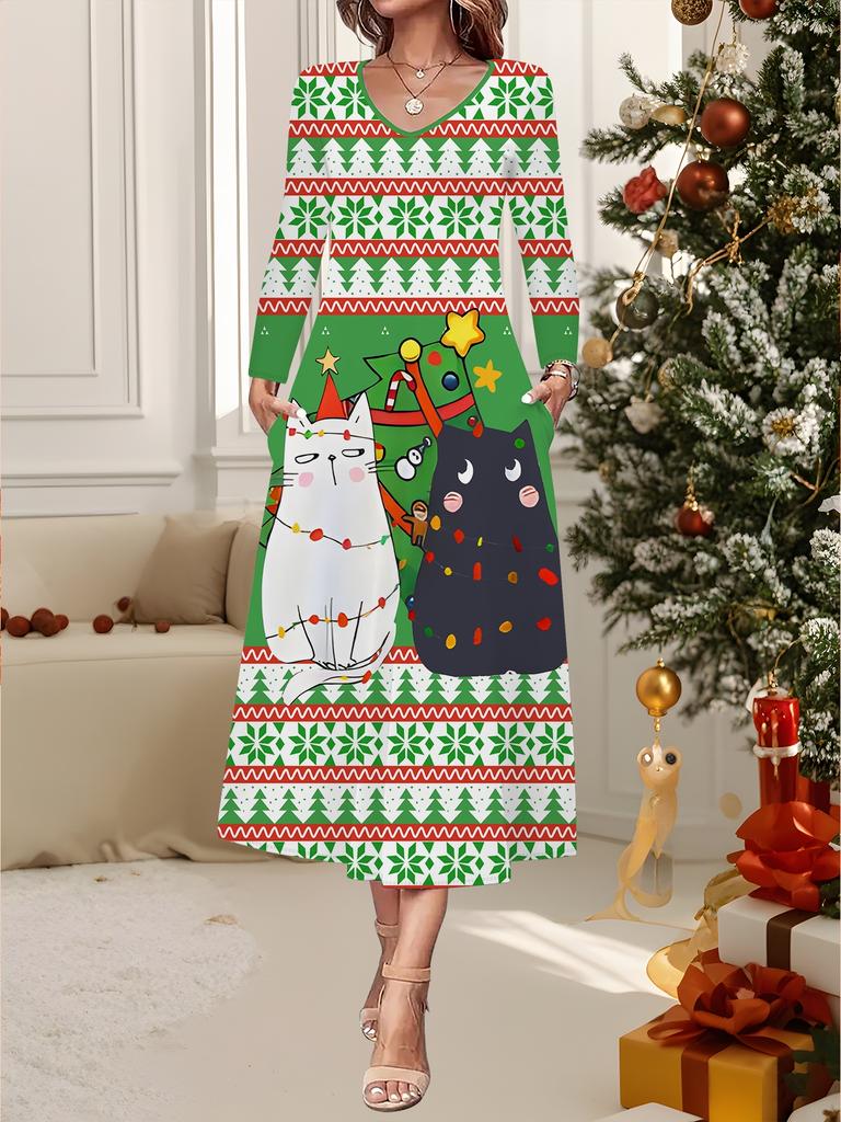 Nuovo Vestito Casual Moda Donna Autunno Inverno 2025 Stampa Fantasia Fiocco di Neve 3D Manica Lunga Scollo a V Linea ad A Vestiti Regalo di Natale