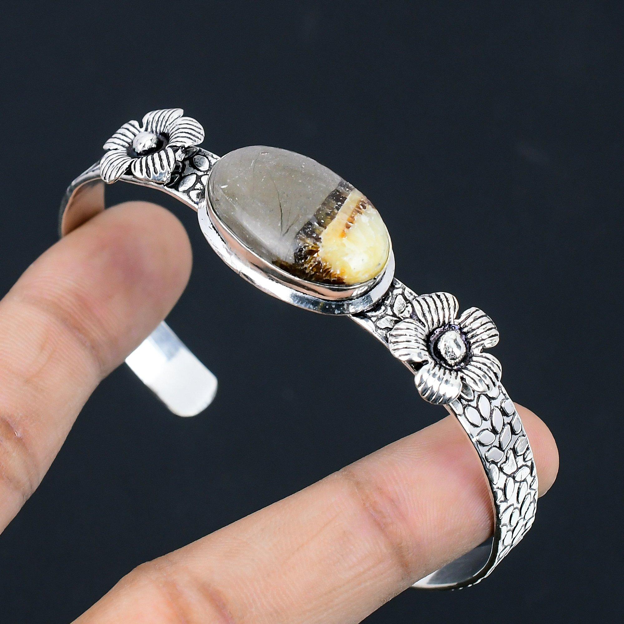 

Memorial Day Deal Sterling Silver Septarian Gemstone Wife Flower Bangle Jewelry Adjustable