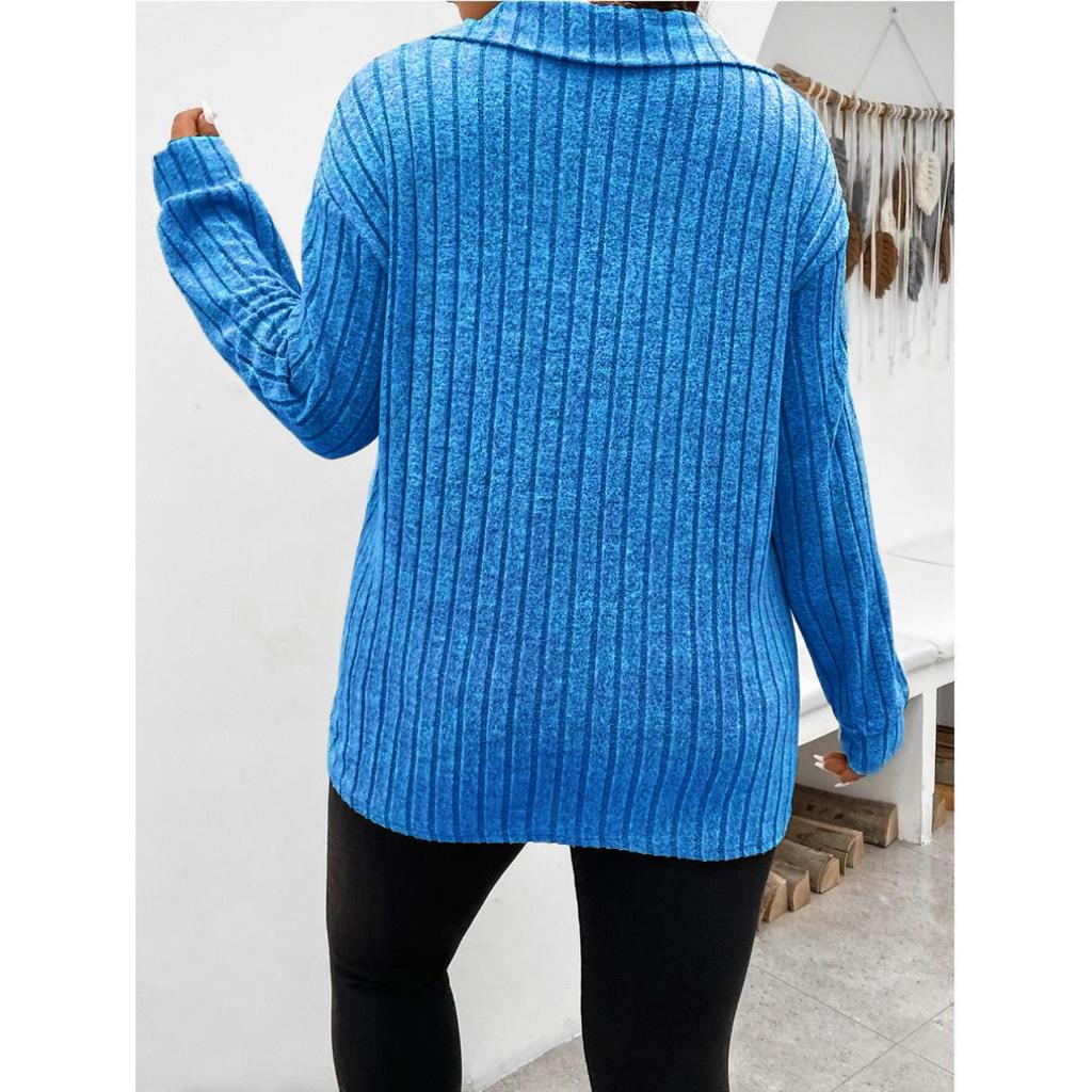 Top de Toamnă și Iarnă Culoare Solidă Mărimi Mari pentru Femei Decolteu în V Mâneci Lungi Tricou Periat cu Dungi Tip Pit Cămașă Largă