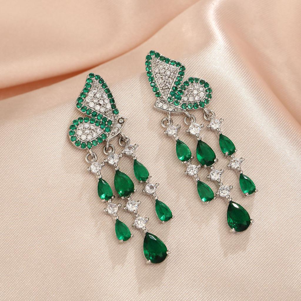Floral Green Crystal Drop Earrings For Wedding And Party Wear