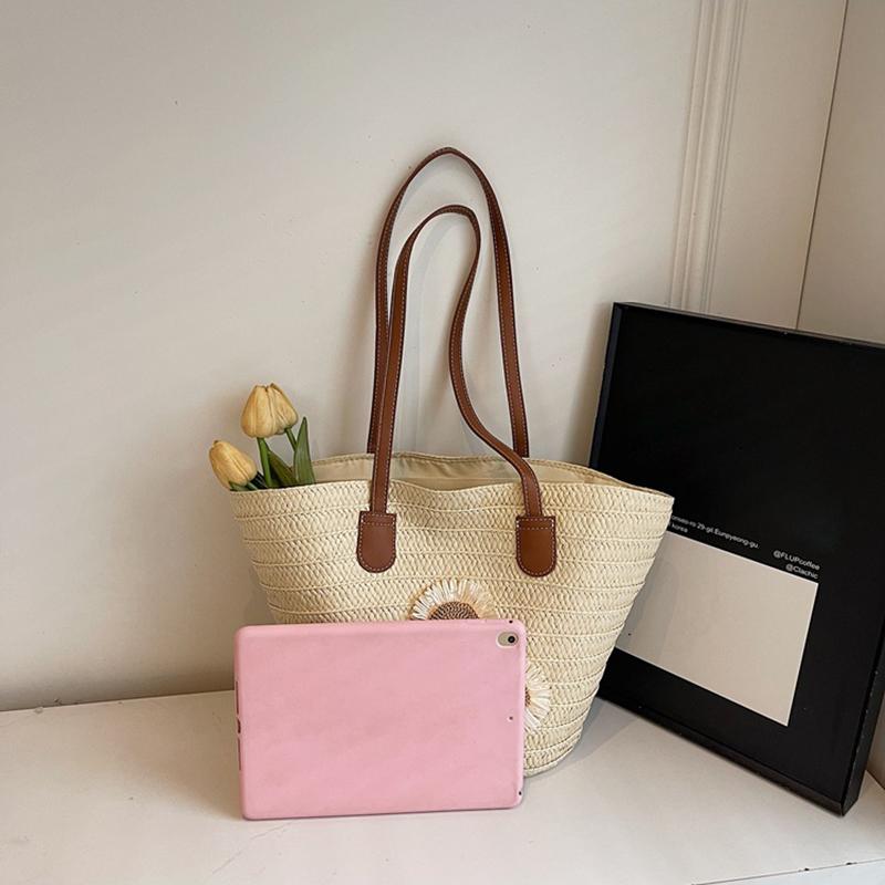 Yogodlns Damen Sommer Stroh Gewebt Große Kapazität Korb Schultertasche Handtaschen Mode Floral Dekor Luxus Designer Strand Bali Shopper Totes