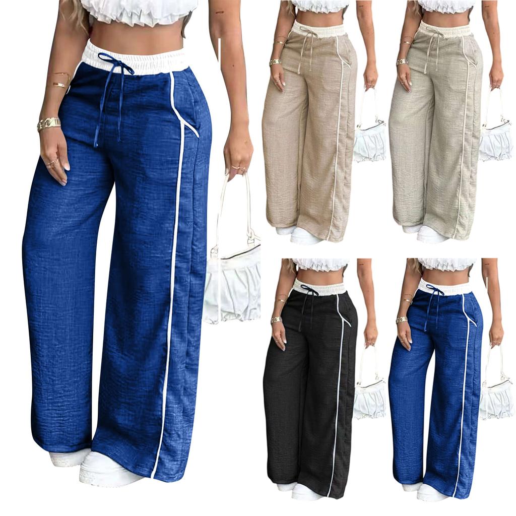 Women's Fashion Color Blocked High Waist Straight Leg Wide Leg Pants Pocket Casual Pants