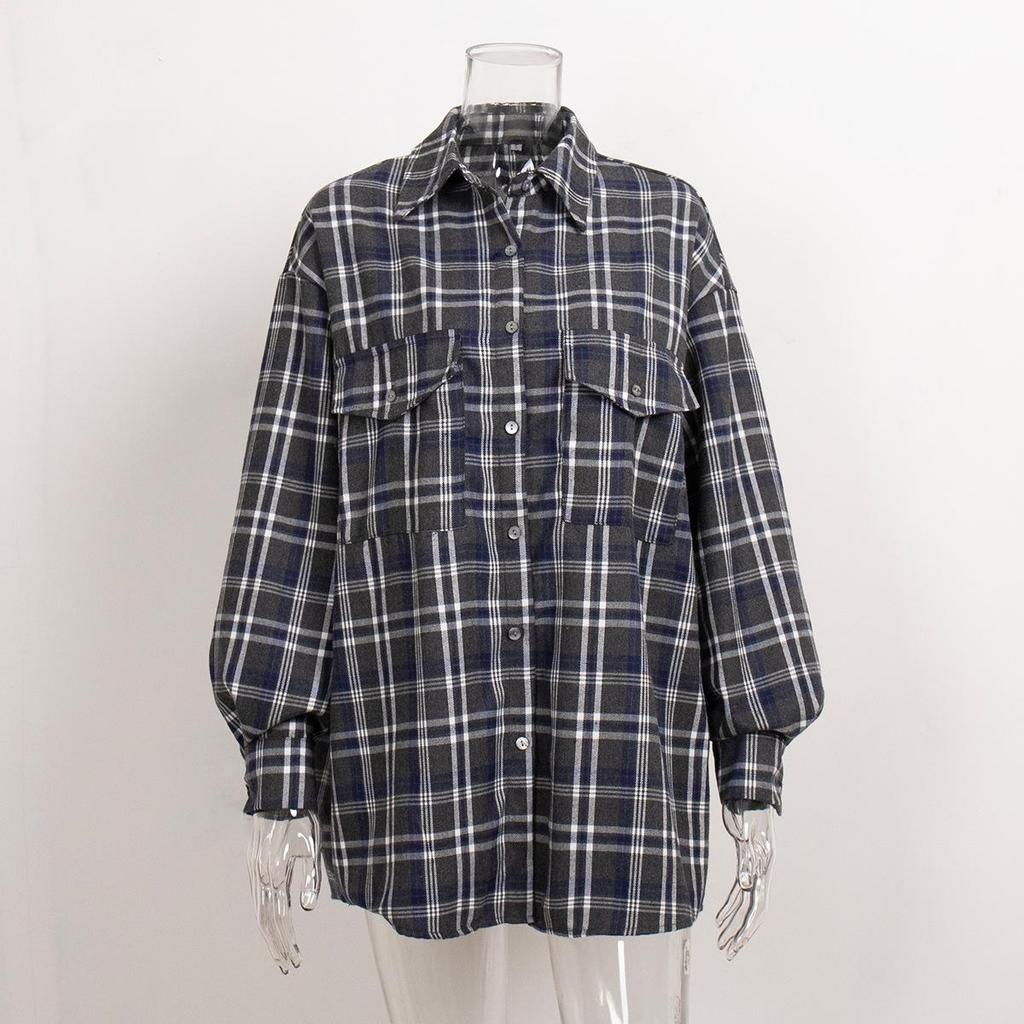 Frauen Frühling Herbst Temperament Plaid Anzug Kragen Langarm Hemd Blusen