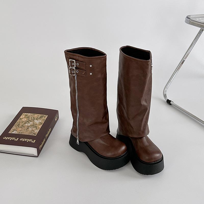 Fashion big-headed pants boots stacking boots knight boots spring and autumn thick-soled leather boots but knee-high boots shoes women
