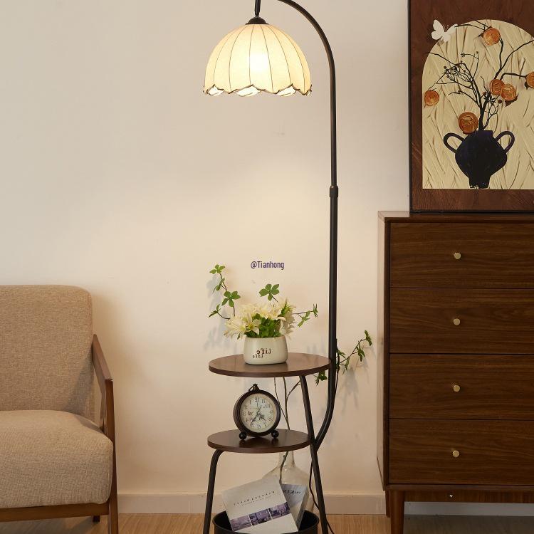Chinese-Style Floor Lamp for Living Room & Bedside Table with Storage - Integrated Bedroom Atmosphere Decor