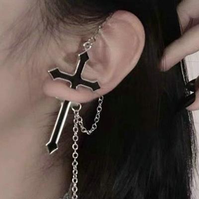 Gothic Punk Black Cross Stud Earrings Rock Pride Vintage Long Chain Piercing Earring Men Women Hip Hop Earrings Jewelry Gifts