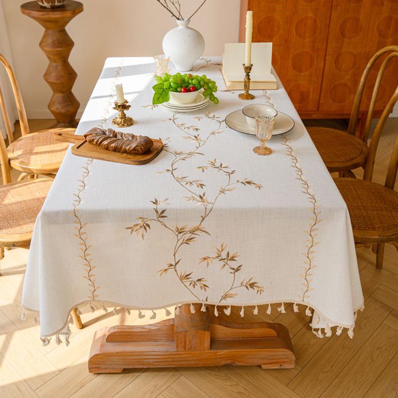 Ying Cross-Border Cotton Linen Embroidered Tablecloth, French Retro American Style, Rectangular.