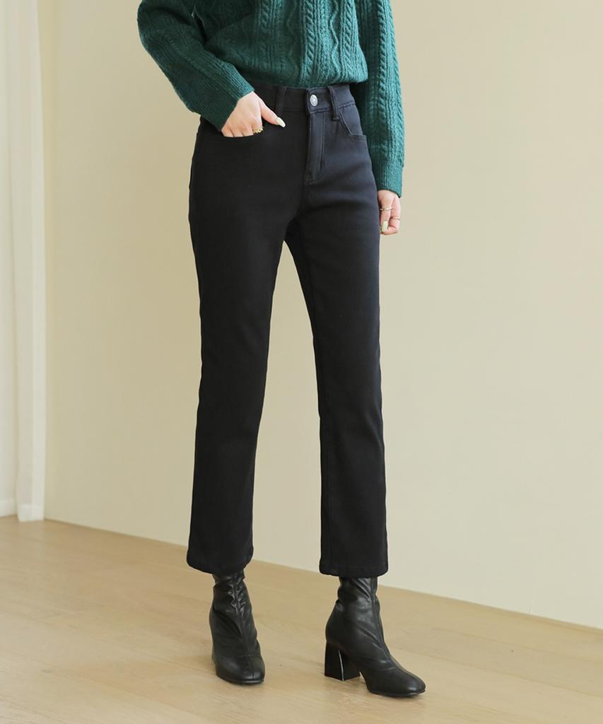 Ppaeppae Fleece-Lined Inner Elastic Black Straight Cotton Pants