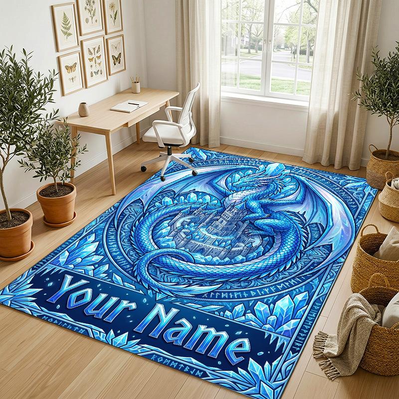 Dragon Phoenix Theme Crystal Velvet Rug Personalized Custom Name Text Soft Floor Mat Home Decor
