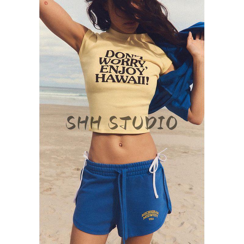 Spring and Summer New Women's Clothing Minimalist Easiest for Match Multi-Color American Printing Super Short Sleeve round Neck T-shirt 0085323