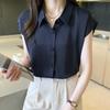 WTEMPO Women Short Sleeve Shirt Lapel V Neck Smooth Loose Elegant Office Commuter Solid Color Summer Blouse Top