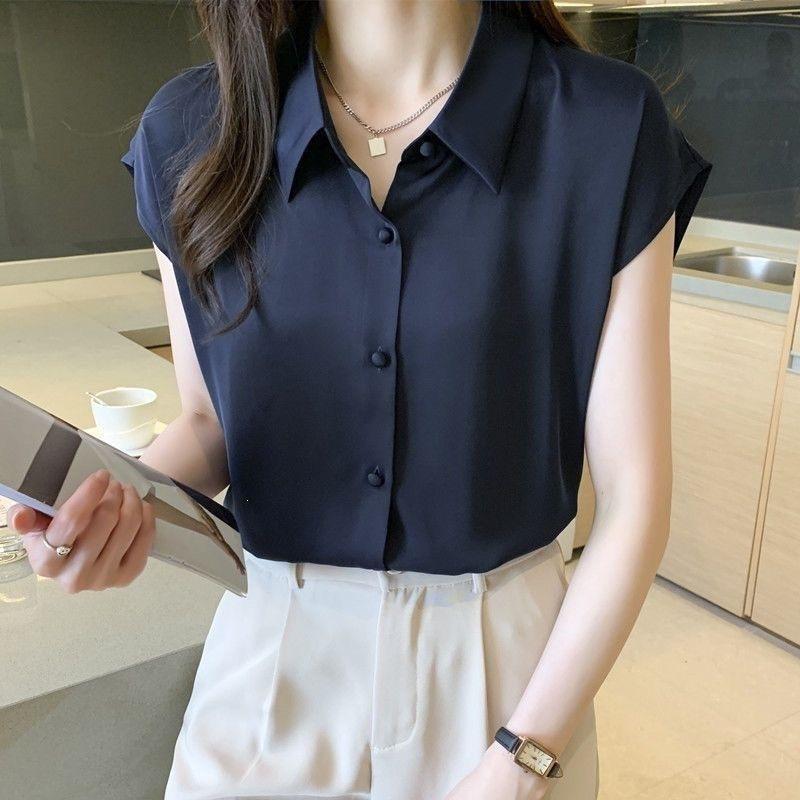 WTEMPO Women Short Sleeve Shirt Lapel V Neck Smooth Loose Elegant Office Commuter Solid Color Summer Blouse Top