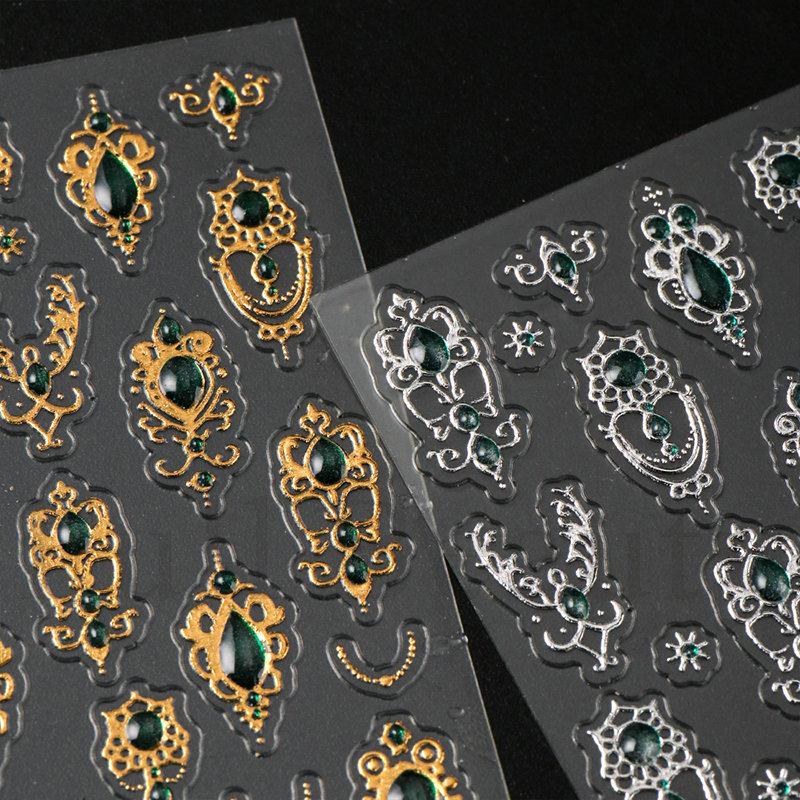 1pc embossed 5D retro light luxury court-style nail sticker with rubies and emeralds, adhesive backing, nail sticker, holiday gift.