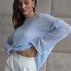 European-American Thin Round Neck Bell Sleeve Knitted See-through T-shirt (Spring/Summer 2025 Collection)