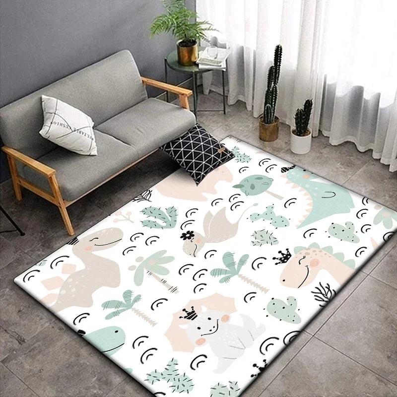 1 pieza Alfombra linda con estampado de dinosaurio de dibujos animados para sala de estar, dormitorio, alfombra para gatear para niños resistente a las arrugas, alfombra de suelo antideslizante