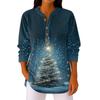 Women's Fashionable Button Collar Long-sleeved Christmas Print Pullover Top