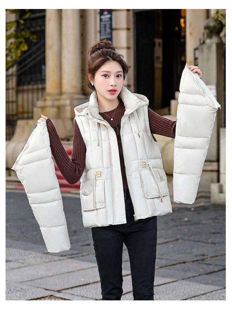 Women's Short Hooded Detachable Sleeves Cotton-padded Jacket