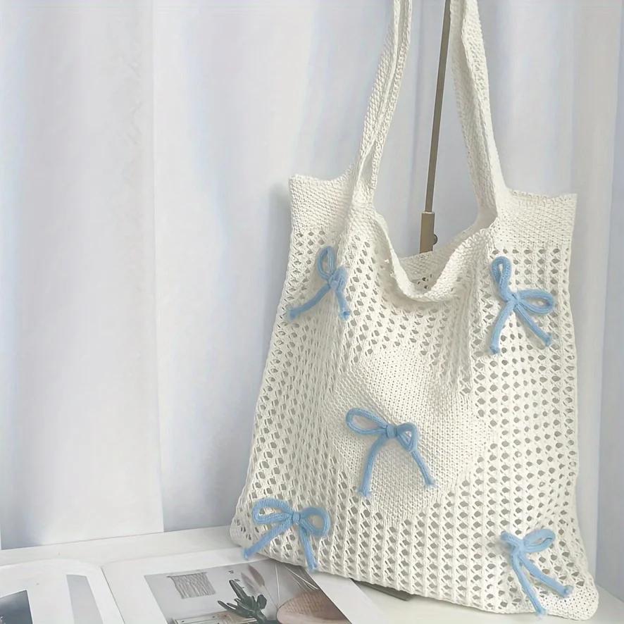Preppy Style Crochet Tote Bag with Butterfly Accents Solid Color Polyester Shoulder Bag Foldable Fashion Beach Bag