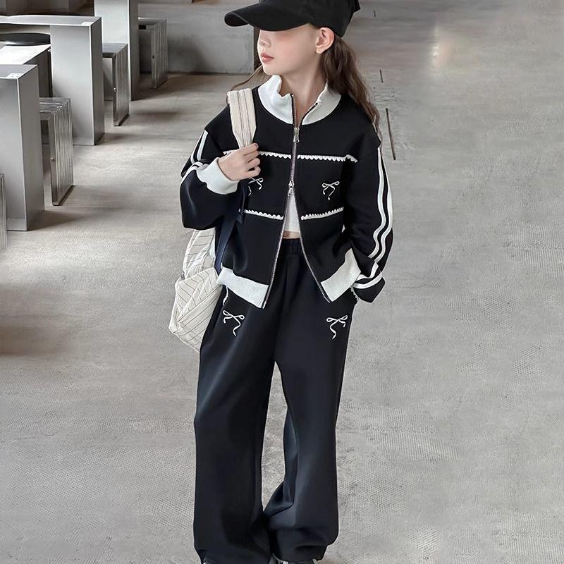 

Весенний кардиган в корейском стиле для девочек и повседневный комплект-двойка с брюками широкого кроя 140 cm чёрный