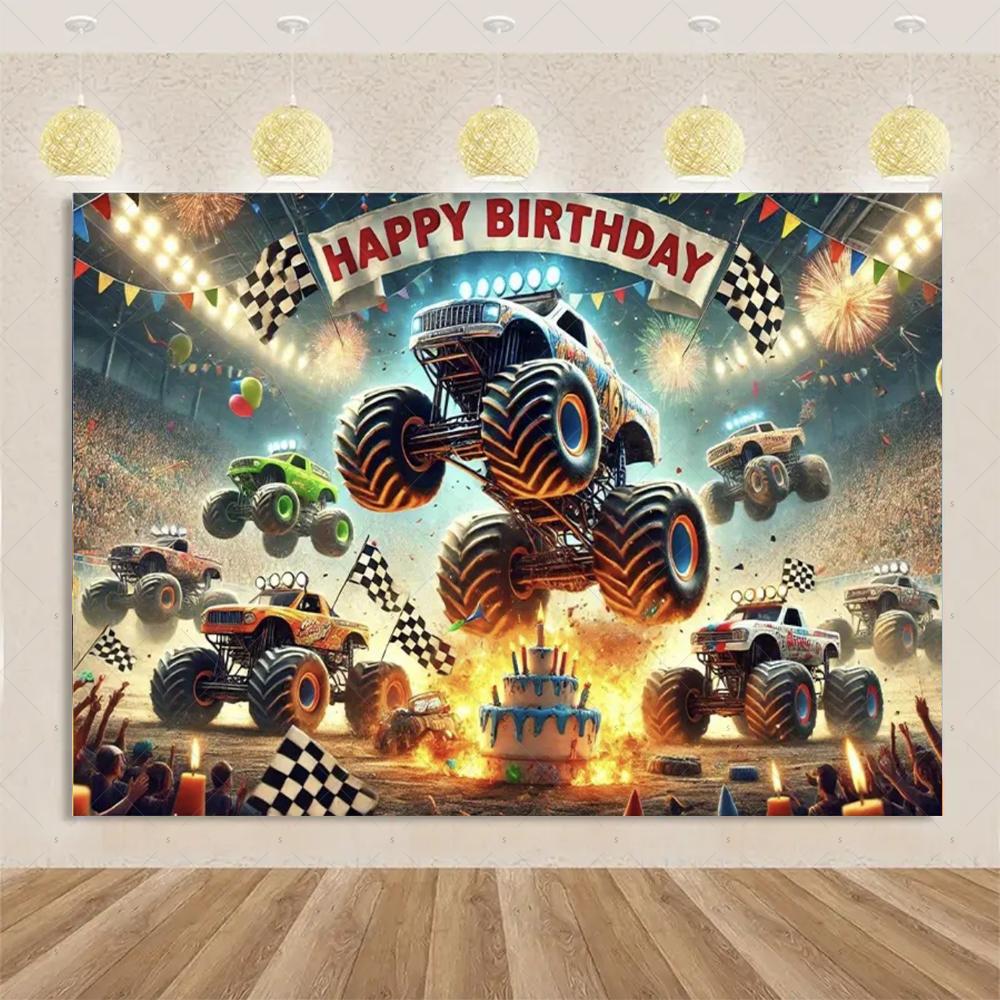 Monster Truck themed birthday party decorations, backdrop for boys, cool race cars, surprise banner58