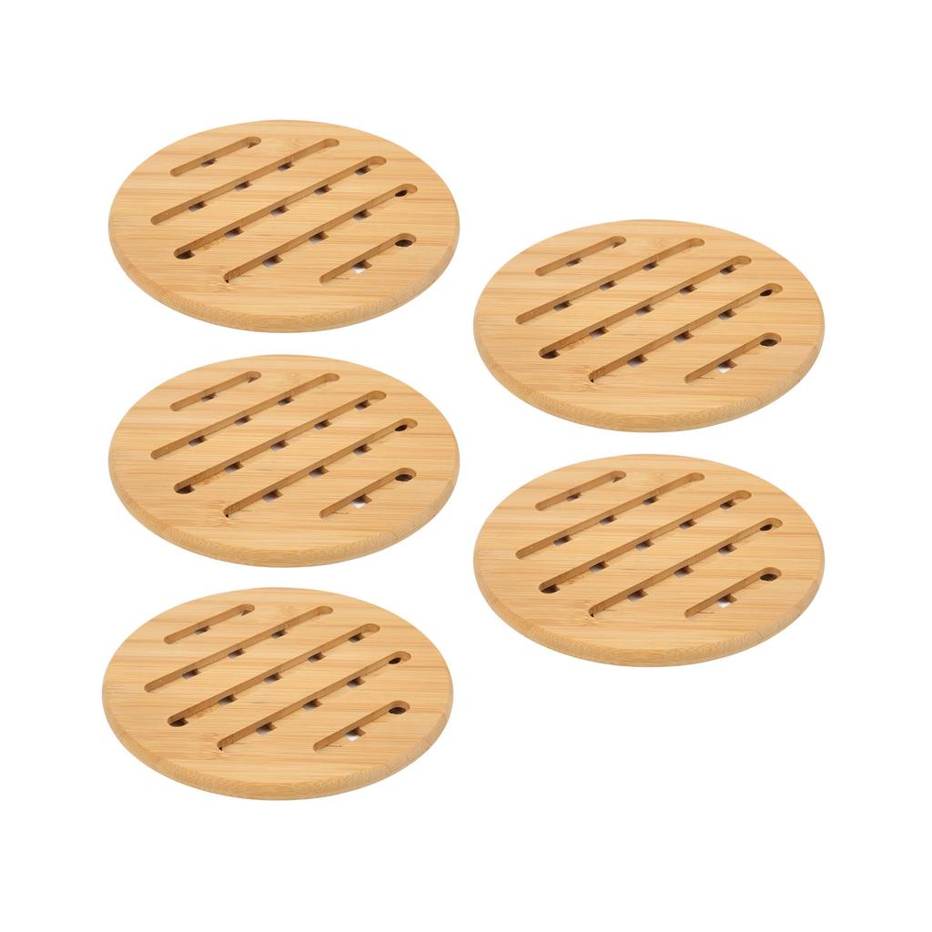 5 Pcs Bamboo Hot Pad Table Mat Bamboo Trivet Pot Mat Heat Resistance for Hot Dishes Pot Bowl Teapot Round 18CM