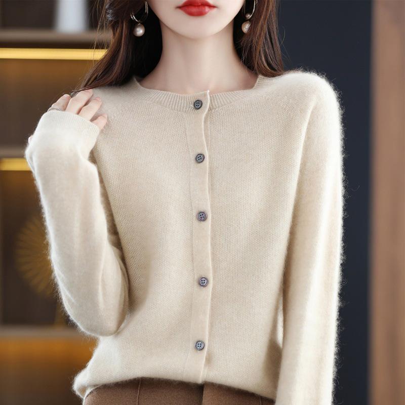 Women's Pure Wool Loose Knit Cardigan - Autumn Solid Color Sweater Top