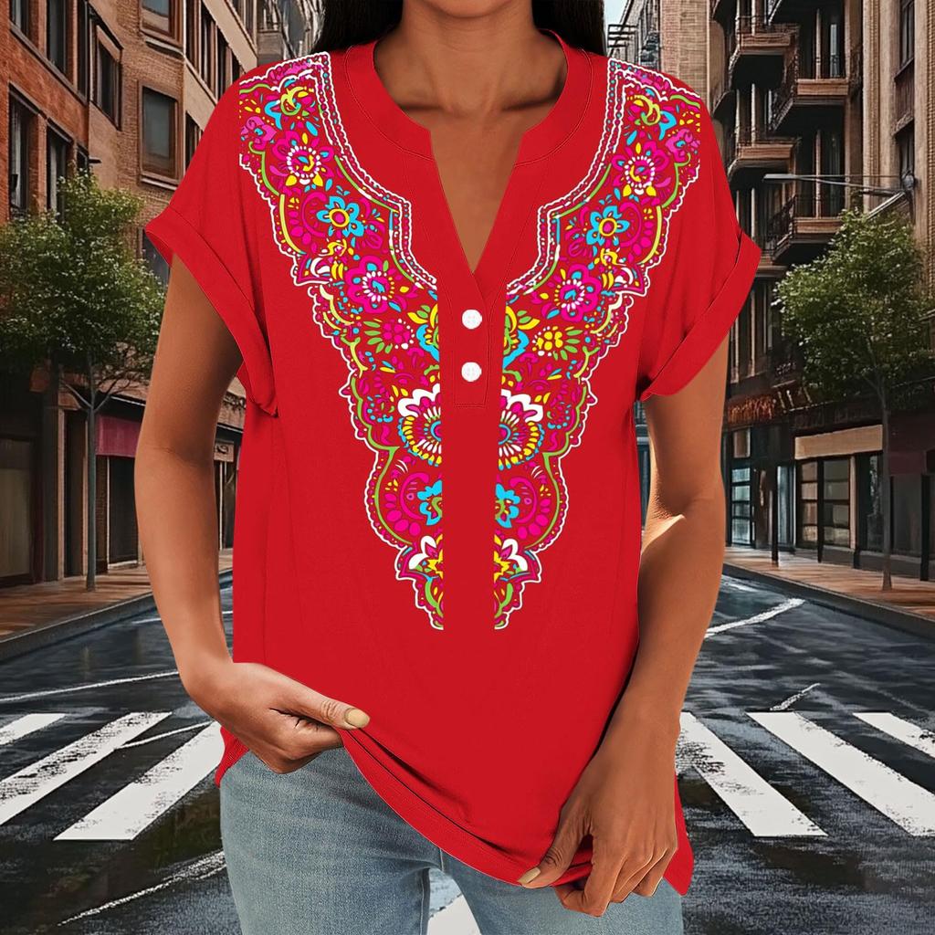 Women's Casual Loose Fit Short Sleeve Button V Neck Floral Print T Shirt Top Lightweight Comfortable Summer Blouse