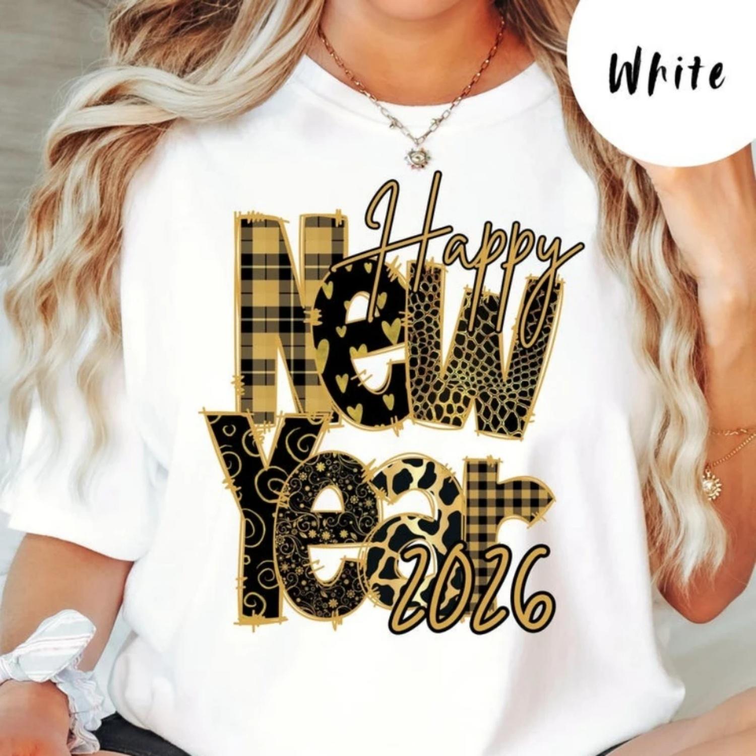 Happy New Year 2026 T-Shirt Festive New Year s Eve Celebration Shirt Cute New Year Graphic Tee Women Fashion Doodle Style Tops S чёрный