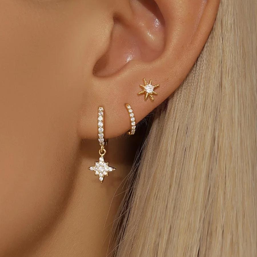 3 Pcs Fashion Stainless Steel Round Star Drop Earrings for Women Trendy Crystal Zirconia Dangle Earring Punk Unisex Rock Jewelry