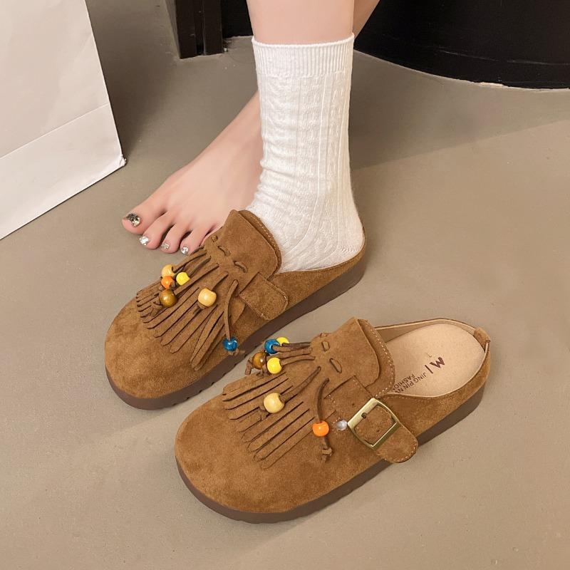 

Retro tassel beaded slippers women s outer wear autumn new one-pedal casual bag head half slippers 40 верблюд